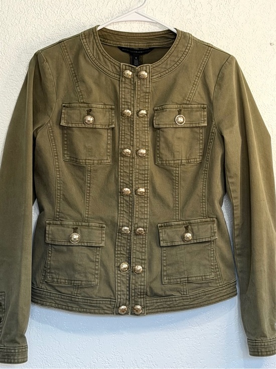White House Black Market Jackets & Blazers - WHBM Military Band Jacket Olive Green Officer Coat  Gold Crest Buttons - Size 6